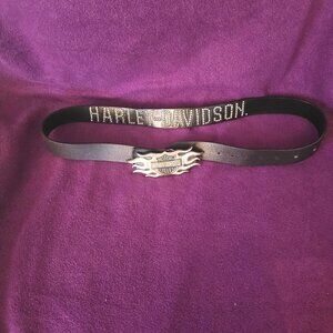 Harley Davidson Studded Leather Belt Sz 40 Scratched Flames Buckle 46"L x 1.5"W